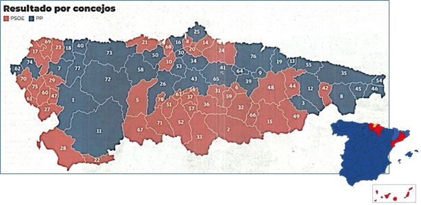 Mapa con los resultados en Asturias y en Espaa