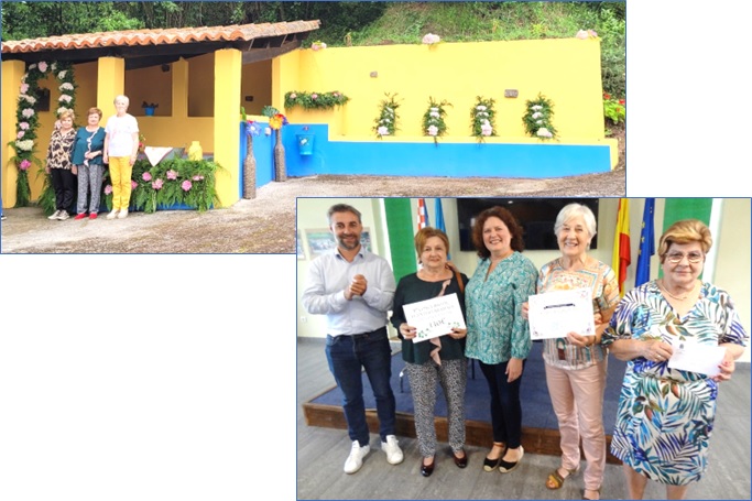 Edita, Consuelo Ovn y Pilar Snchez, con el Alcalde y la concejala Mercedes Iglesias, con sus trofeos. Arriba, en el lavadero de El Cubetu, que engalanaron as.