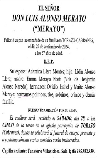 Esquela de Luis Alonso Merayo