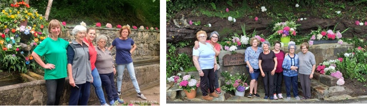 Fuente del Pliegu, en Pandenes, que llam la atencin por la confeccin de sus flores. Ms abajo, la de Pontigos (en Torazo), con sus trabajadoras.